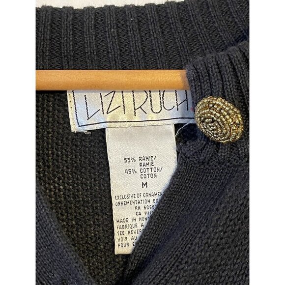 LIZI RUCH Musical Notes Violin Button Up Cardigan Sweater Womens M Black Vtg - Picture 6 of 16
